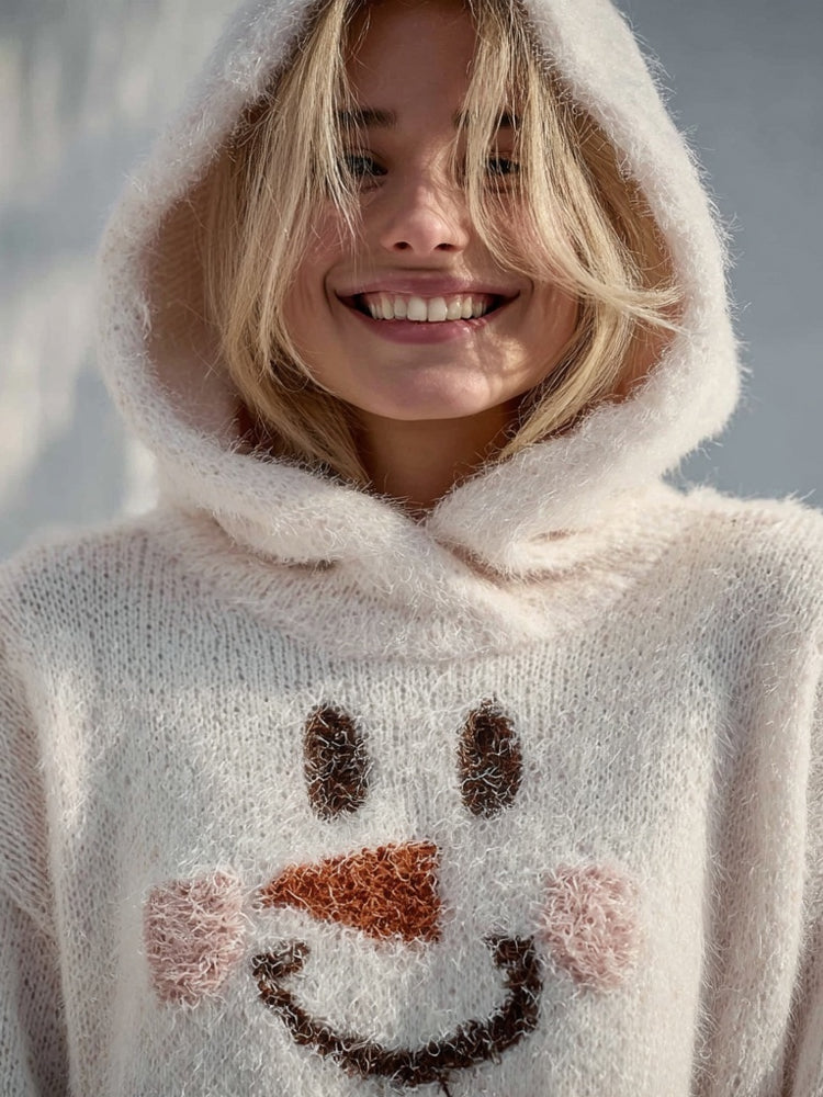 Cute Smile Snowman Face Embroidered Cozy Hooded Sweater artswardrobe