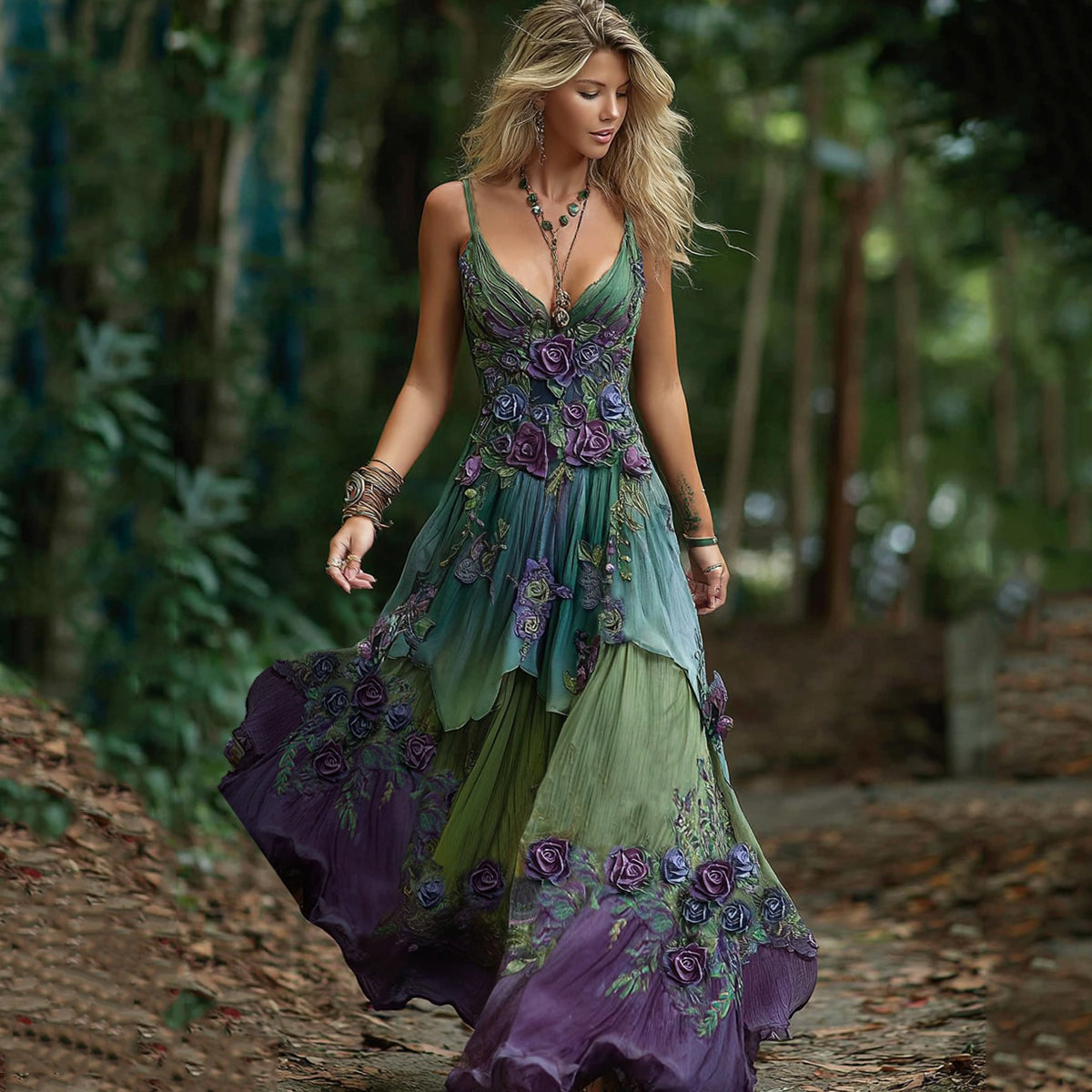 Women's Vintage Floral Embroidery Gradient Maxi Dress artswardrobe