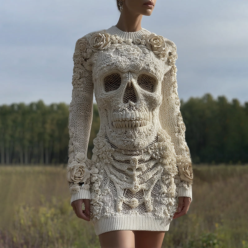 Women's Vintage Halloween Skull With Rose Art Cozy Knit Mini Sweater Dress artswardrobe
