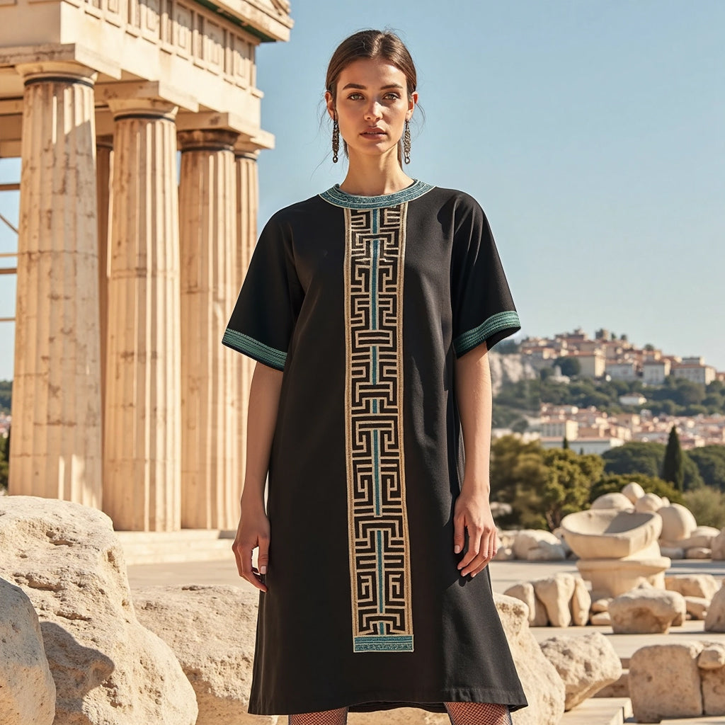 Vintage Greek Key Linen Blend Round Neck Short Sleeves Midi Dress artswardrobe