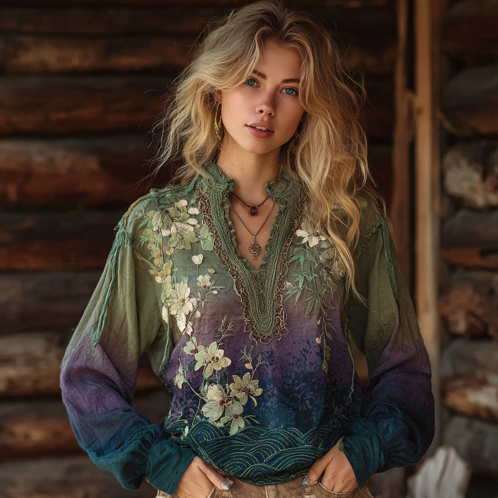 Comstylish Classy Gradient Bamboo Blossom Embroidery Art Linen Long Sleeve Shirt