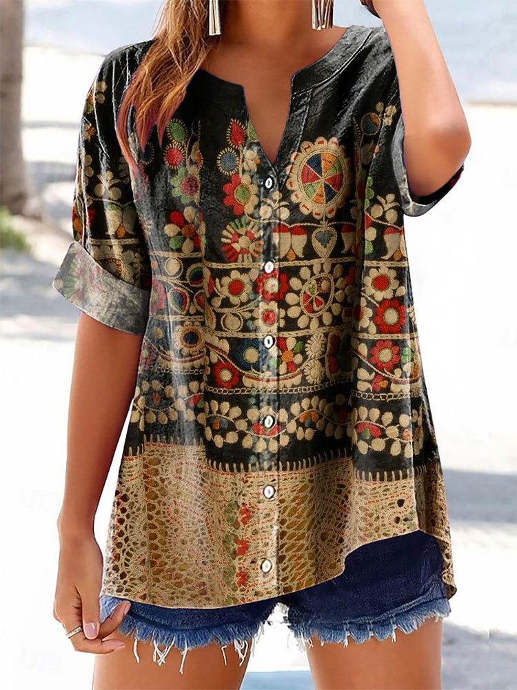 Women's Vintage Ethnic Floral Art Print Casual Cotton And Linen Shirt