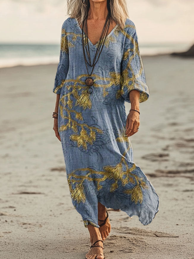 Women's Floral Embellished Pattern Art Print Pocket Cotton Dress