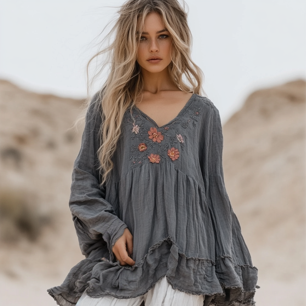Comstylish Vintage Bohemian Floral Irregular Linen Shirt