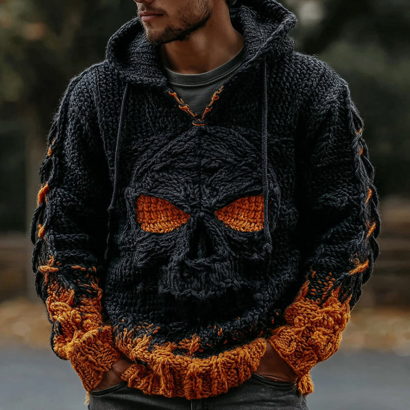 Men's Halloween Skull Gradient Art Knitted Cozy Hooded Sweater artswardrobe
