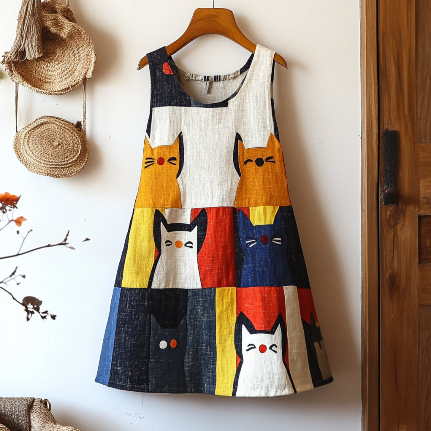 Comstylish Fun Cat Geometric Art Flowy Linen Tank Dress