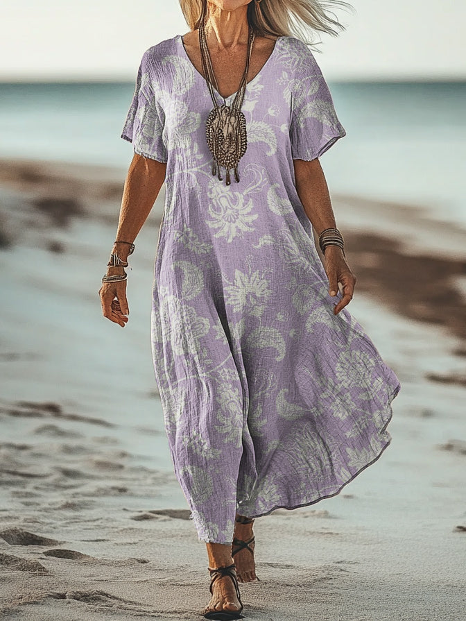 Women's Art Floral Hippie Vintage Print V Neck Dress