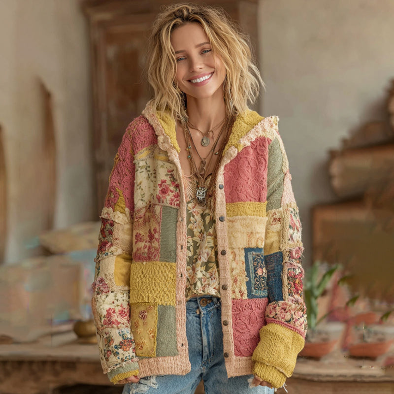 Women's Vintage Patchwork Floral Art Hooded Cardigan artswardrobe