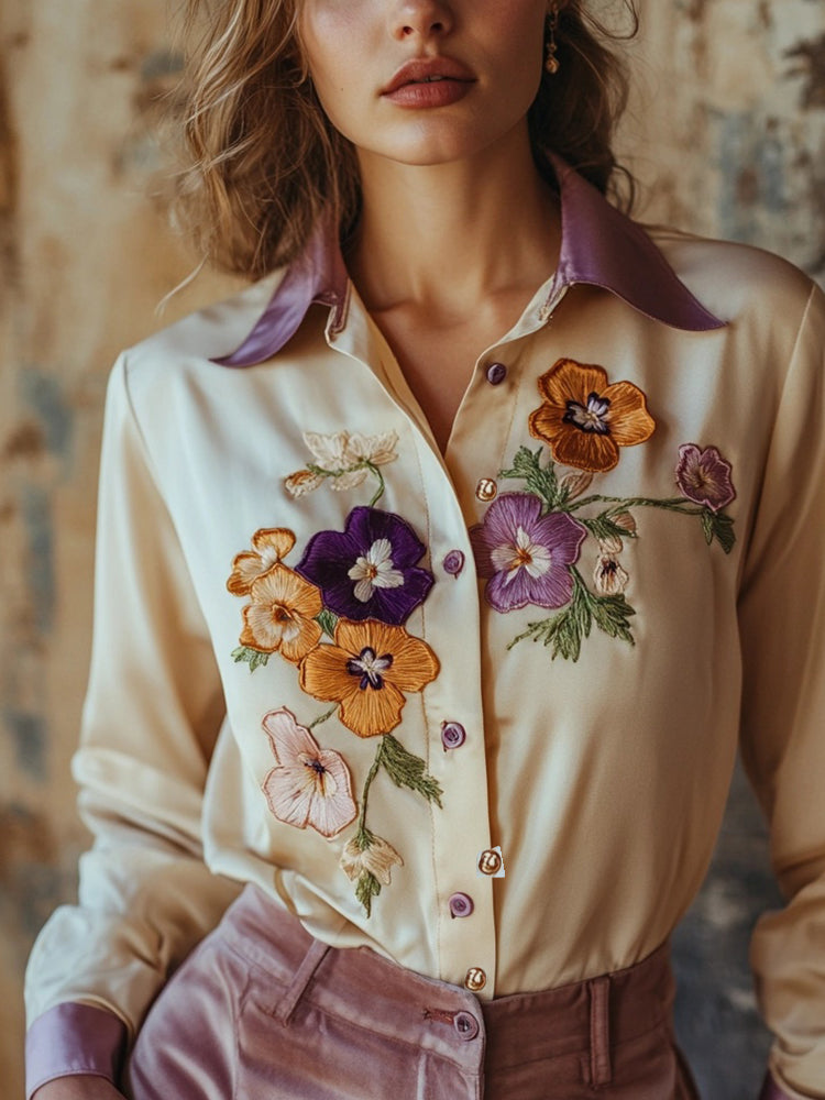 Comstylish Women's Multicolor Pansy Flowers Embroidered Contrast Silk Shirt
