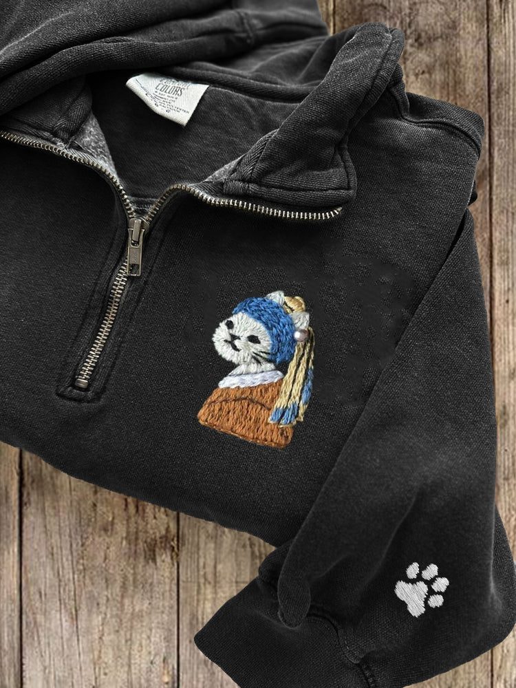 Cat With A Pearl Earring Paw Print Embroidered Zip Up Sweatshirt elevenforest