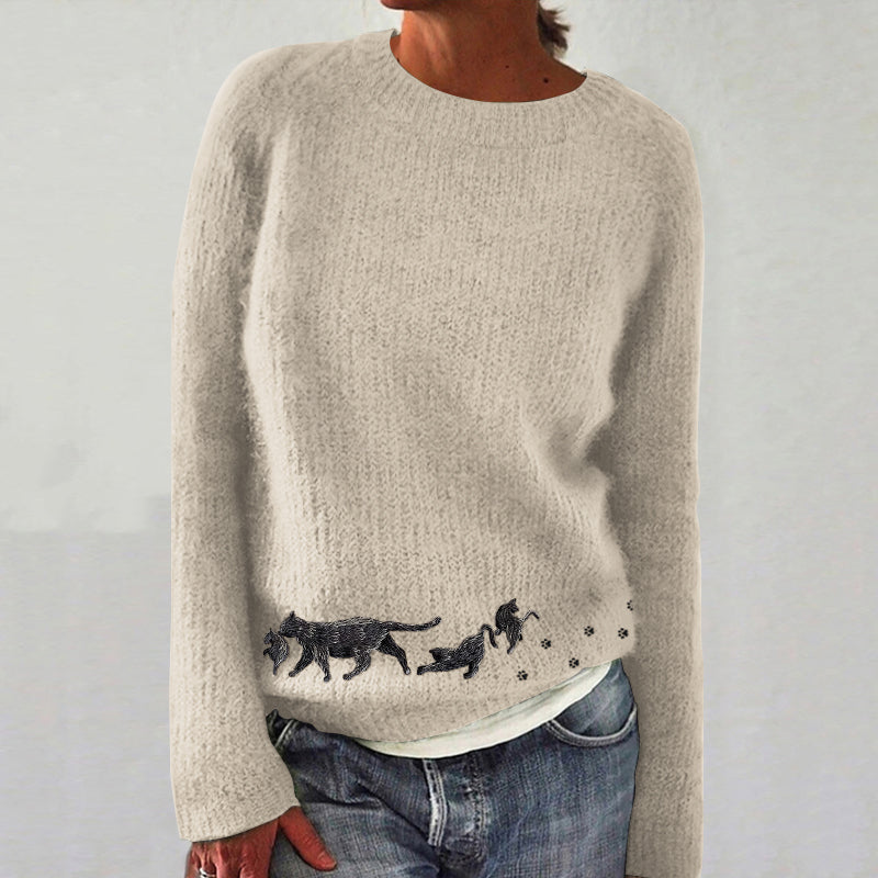 Black Cat Paw Prints Embroidered Cozy Knit Sweater elevenforest