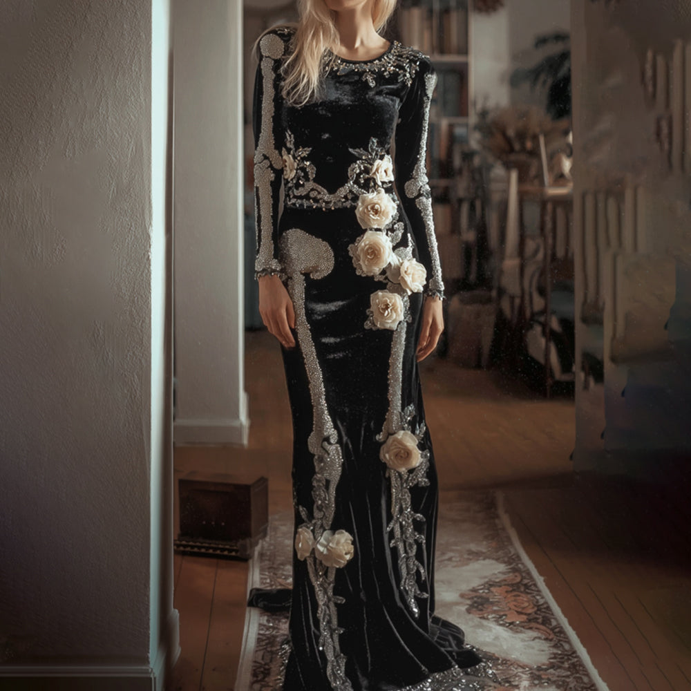 Comstylish Women's Halloween Skeleton And Wild Rose Velvet Dress