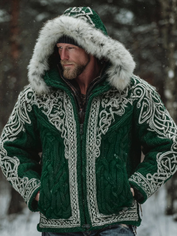 Men's Christmas Santa Celtic Art Warm Hooded Knit Sweater Jacket artswardrobe