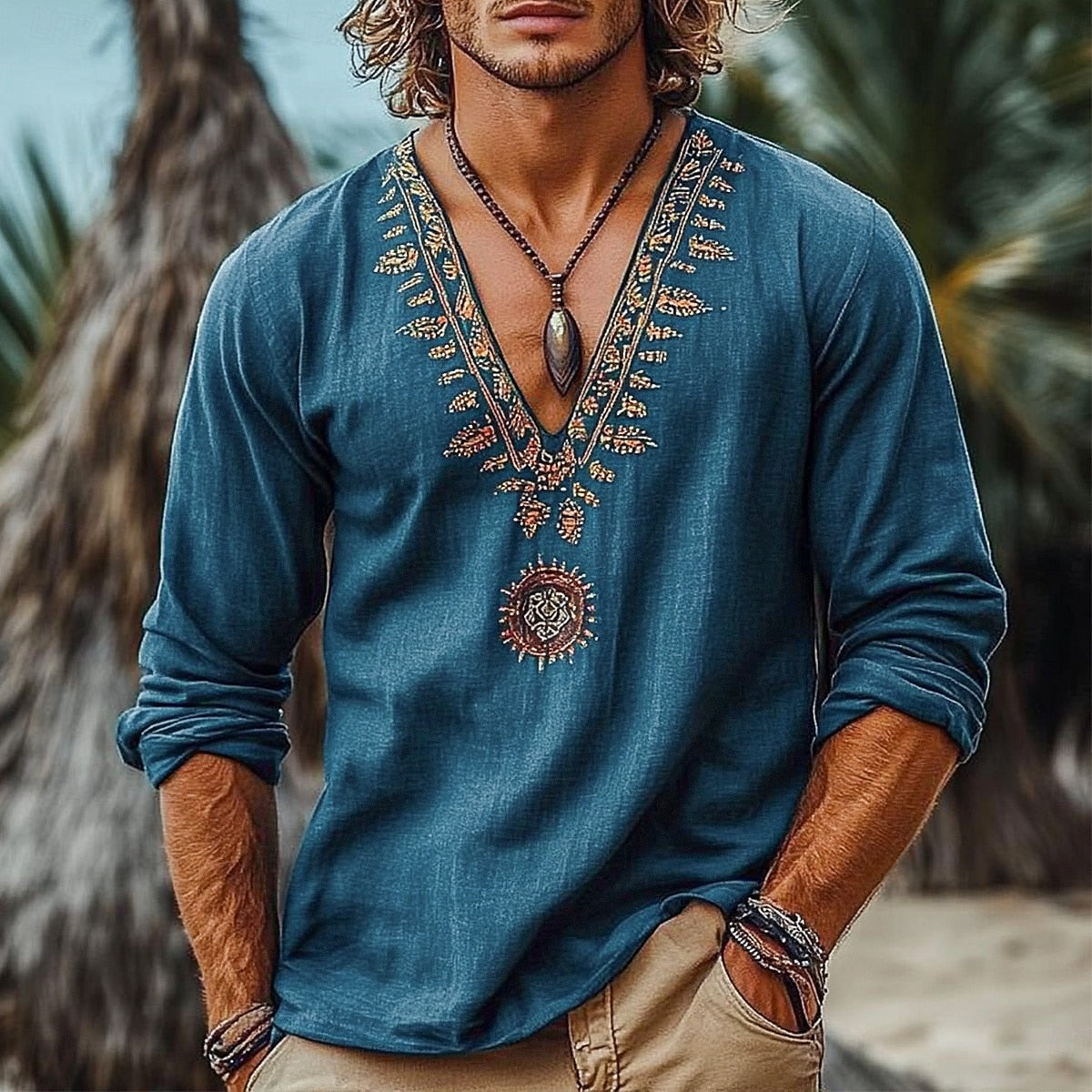 Men's Summer Beach Wear Viking Ethnic Styleart Print Linen T-shirt artswardrobe