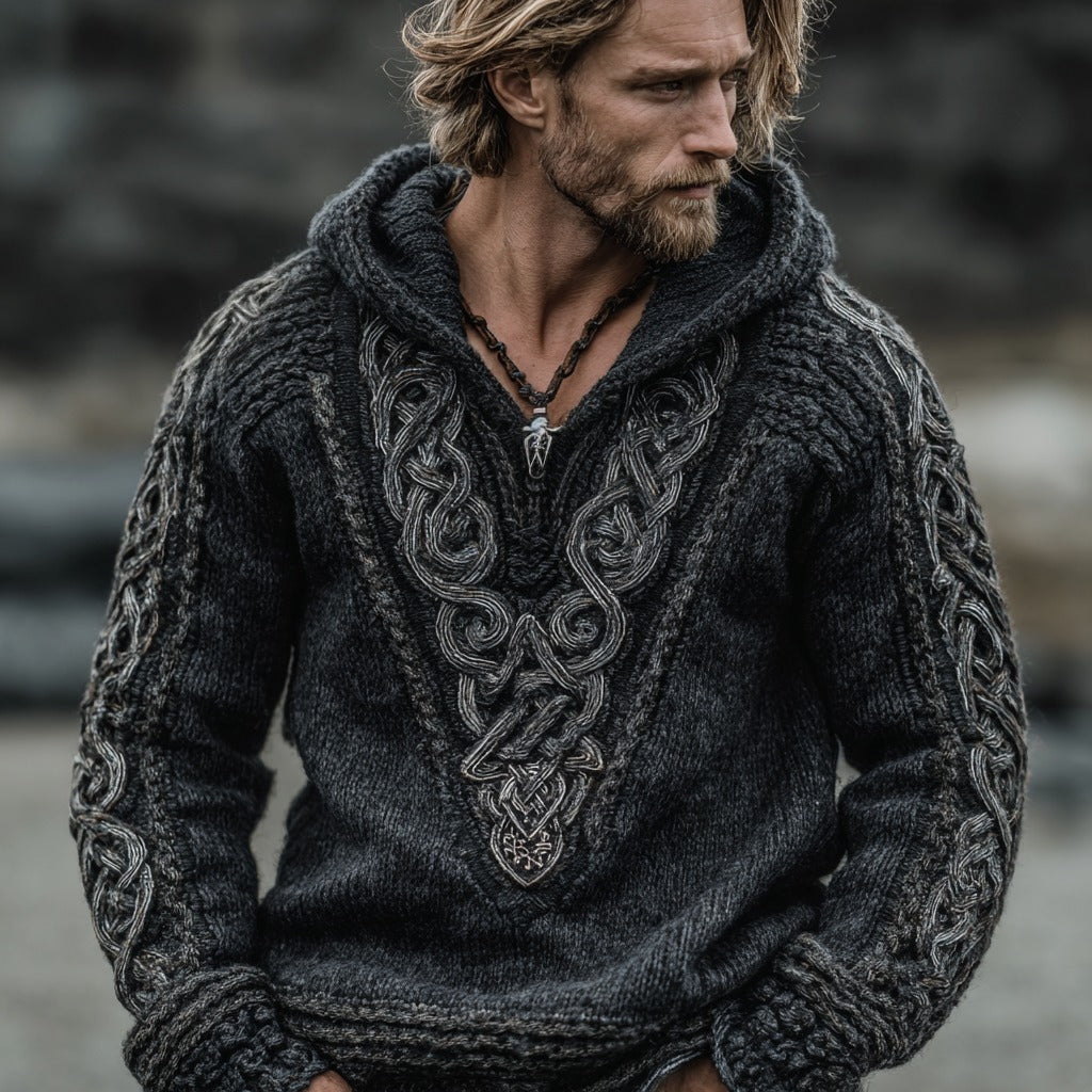 Men's Viking Celtic Jacquard Knitted Warm Hooded Sweater artswardrobe