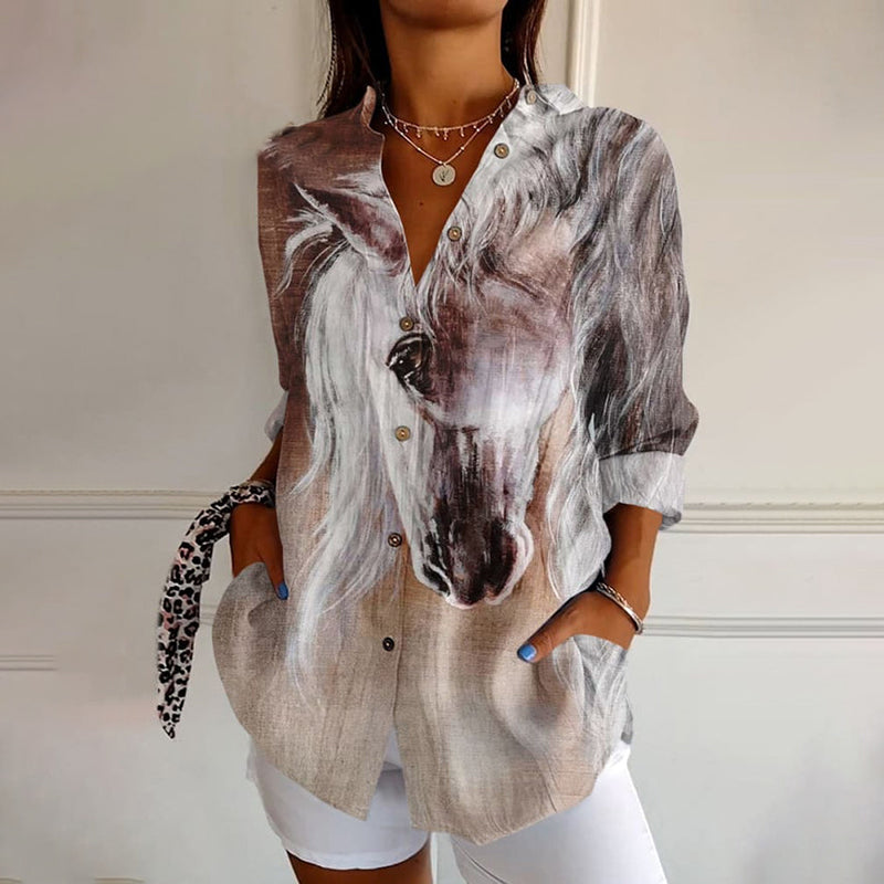 Comstylish Women's Horse Art Print Casual Long Sleeve Shirt