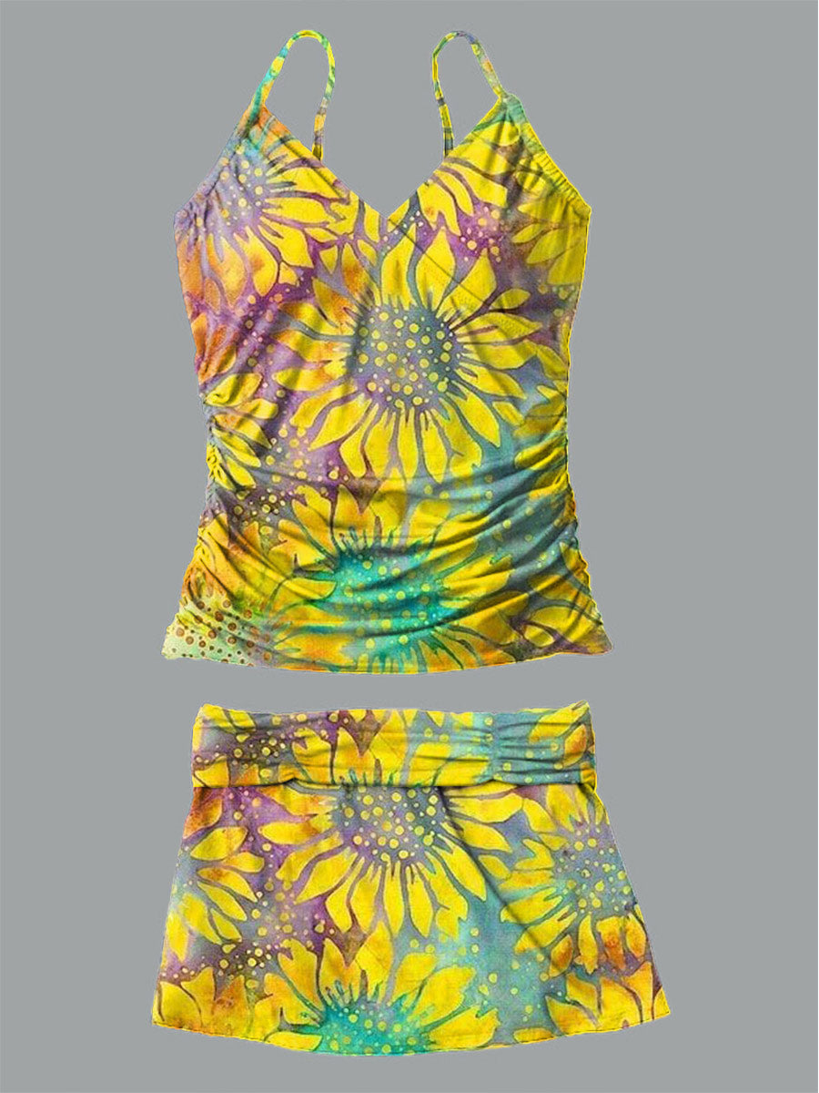 Women's Sunflower V-Neck Print Suspender Skirt Tankini Pantskirt Set Swimsuit