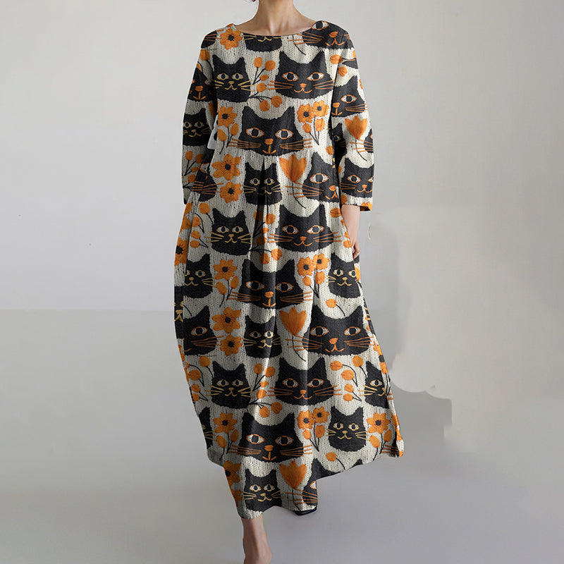 Autumn Cat Pattern Women's Dress elevenforest