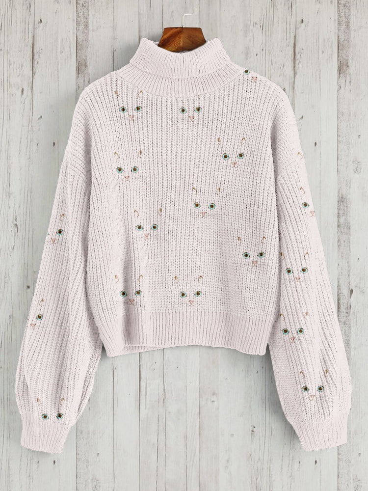 Cute Cat Face Pattern Warm Turtleneck Sweater elevenforest