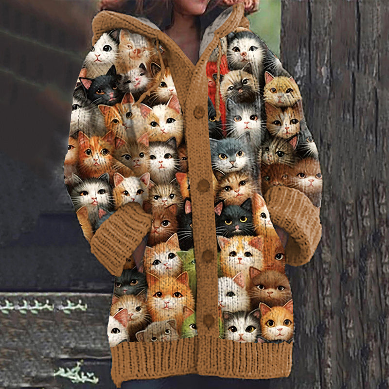 Retro Kittens Cozy Hooded Knit Sweater elevenforest