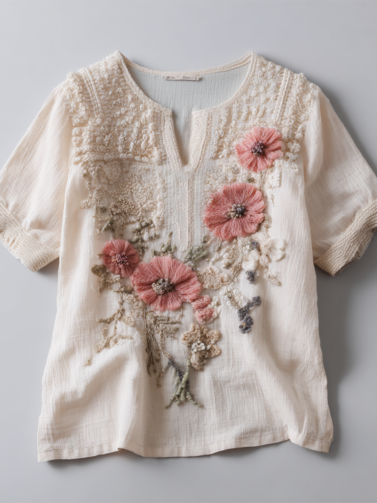 Retro Cotton And Linen Plant Flower Bohemian Style Women's V-neck Top artswardrobe