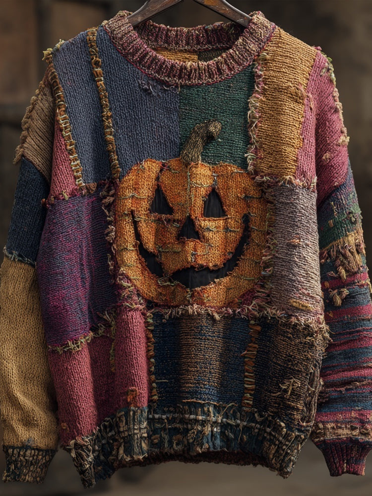 Vintage Spooky Pumpkin Face Embroidered Patchwork Knitted Sweater artswardrobe