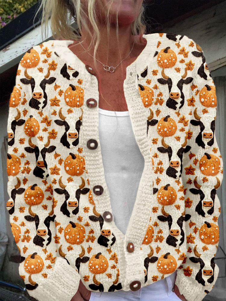 Fall Cows And Pumpkins Embroidered Cozy Knit Cardigan artswardrobe