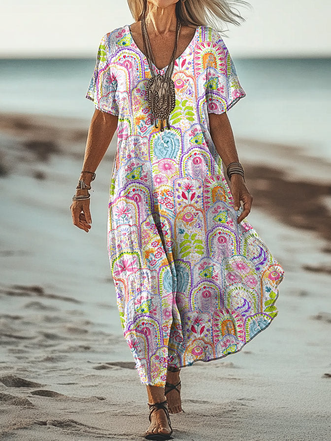 Women's Art Floral Hippie Vintage Print V-Neck Short Sleeve Dress