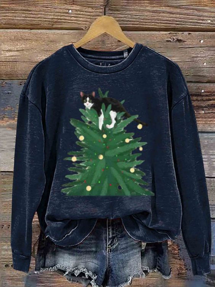 Comstylish Women's Christmas Cute Pet Cat Printed Sweatshirt