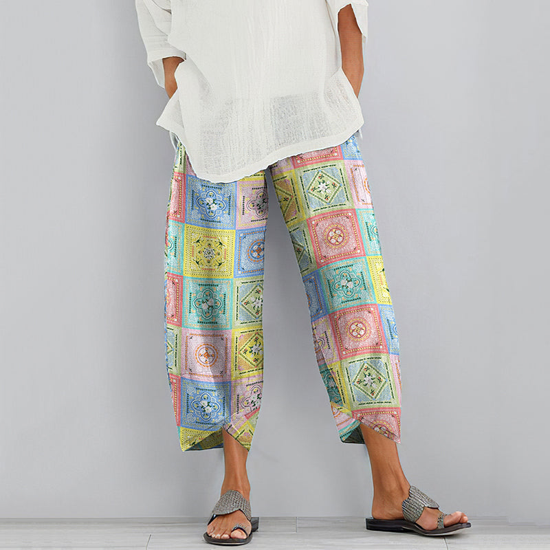 Women's Bohemian Floral Print Cotton And Linen Casual Pants artswardrobe