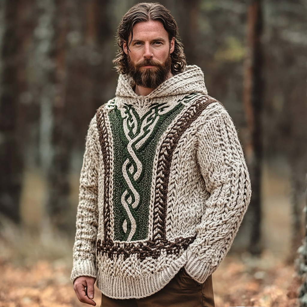 Men's Vintage Celtic Knot Jacquard Aran Hooded Sweater elevenforest