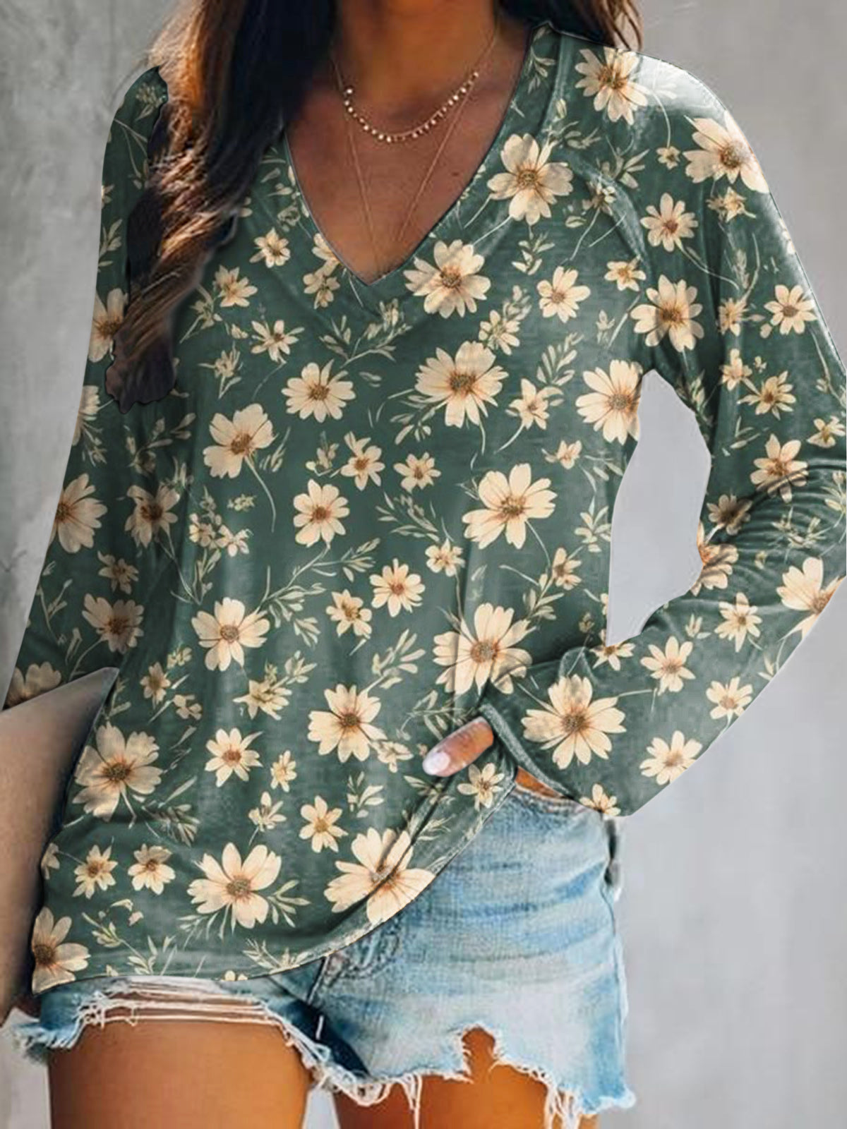 Women's Casual Vintage Floral Art Print V Neck Long Sleeve Tops