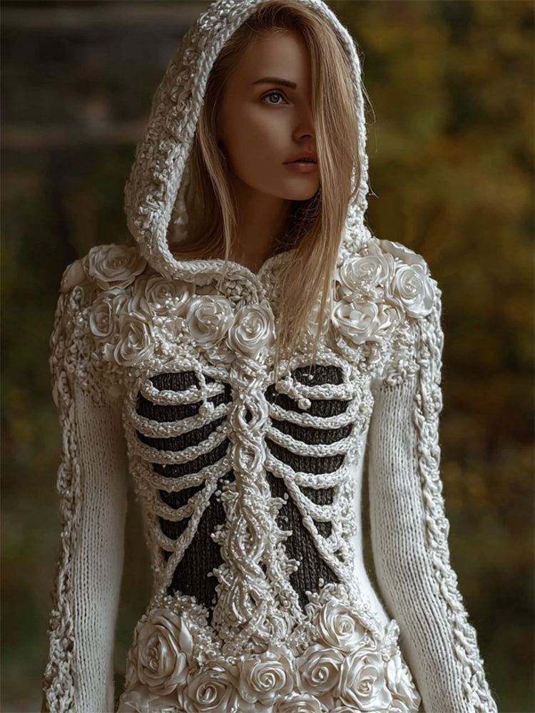 Elegant White Roses Beaded Skeleton Hooded Cozy Knit Sweater artswardrobe