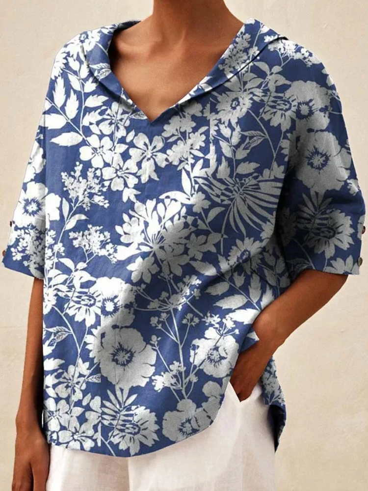 Comstylish Women's Floral Print Casual Linen Shirt