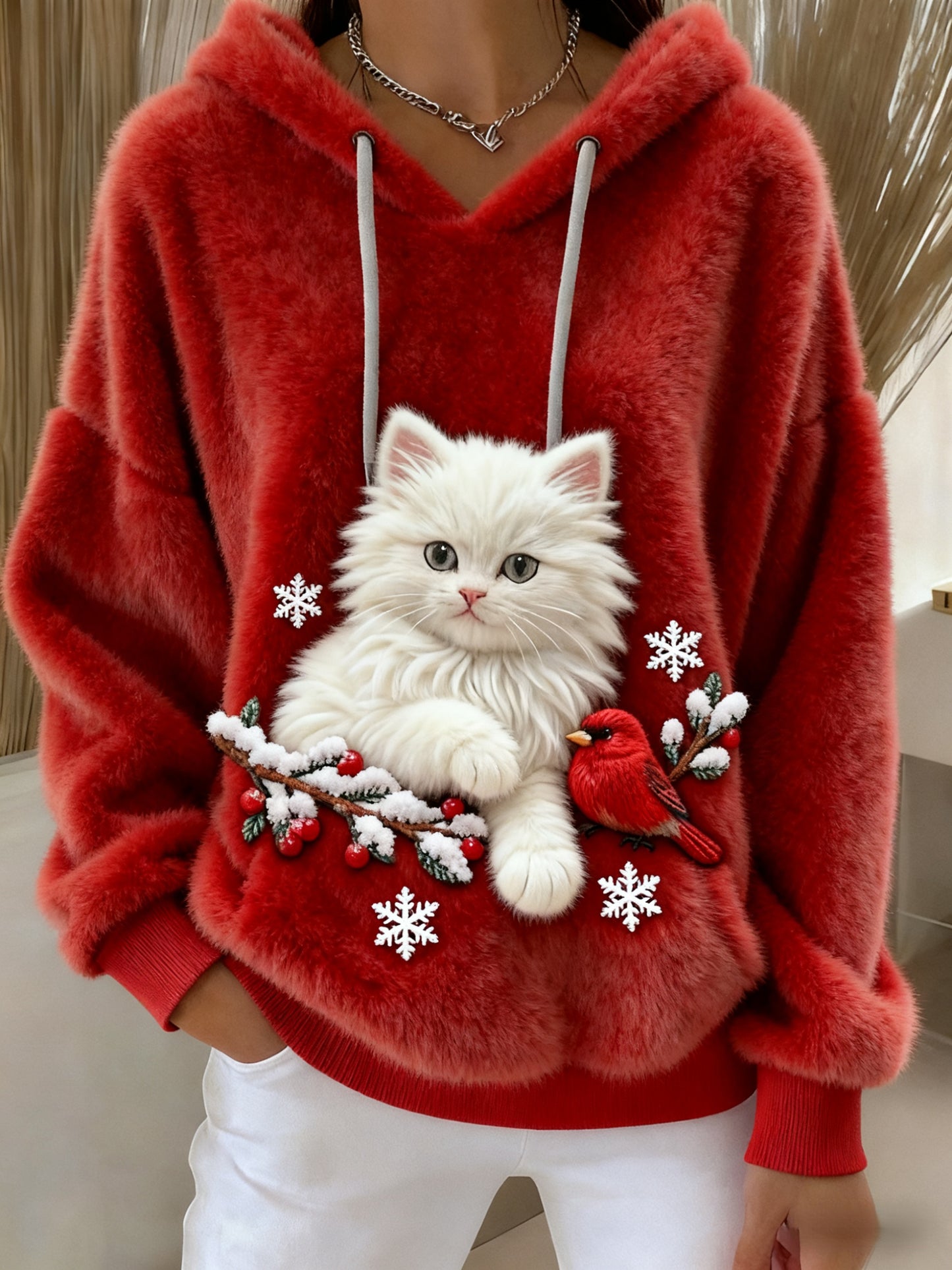 Christmas Cardinal Cat Art Women's Cozy Plush Hooded Sweater