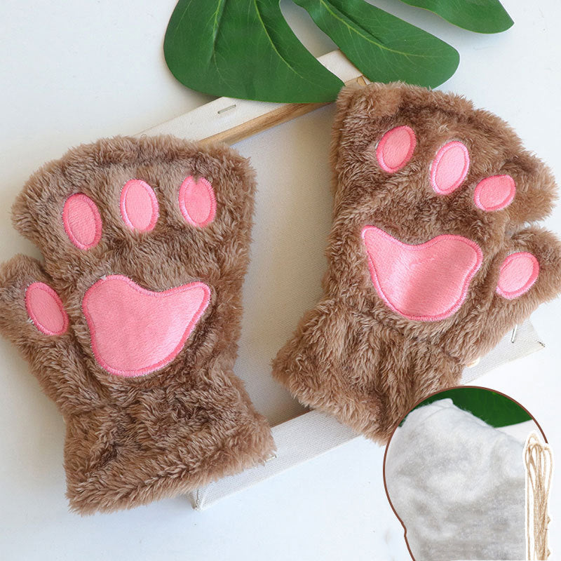 Comstylish Cute Cat Paw Half-finger Plush Gloves