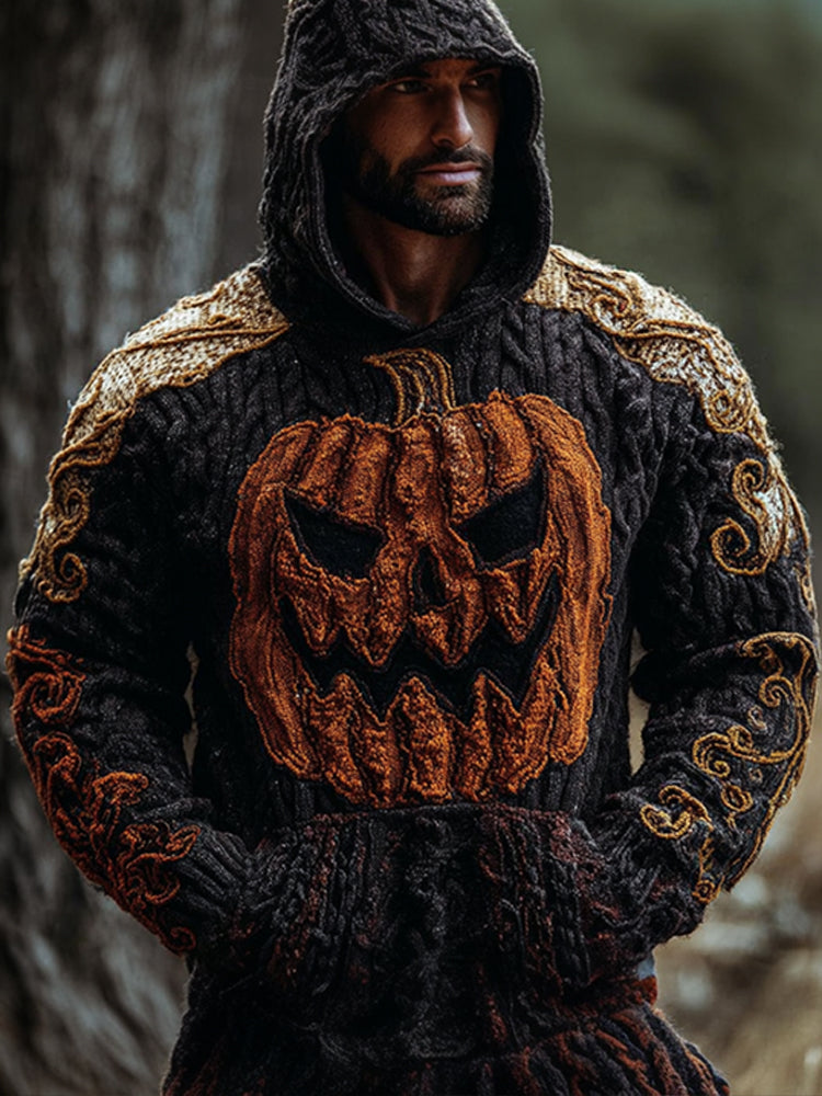 Men's Halloween Pumpkin And Vine Thick Needle Made Old Hooded Warm Sweater artswardrobe