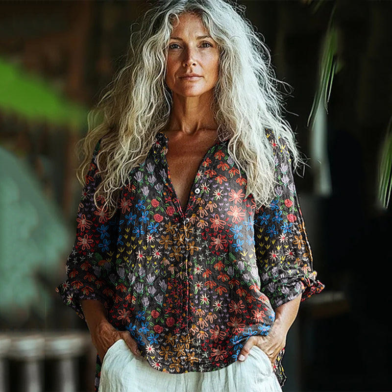Bohemian Style Linen Colorful Floral Art Print Long Sleeve Shirt artswardrobe