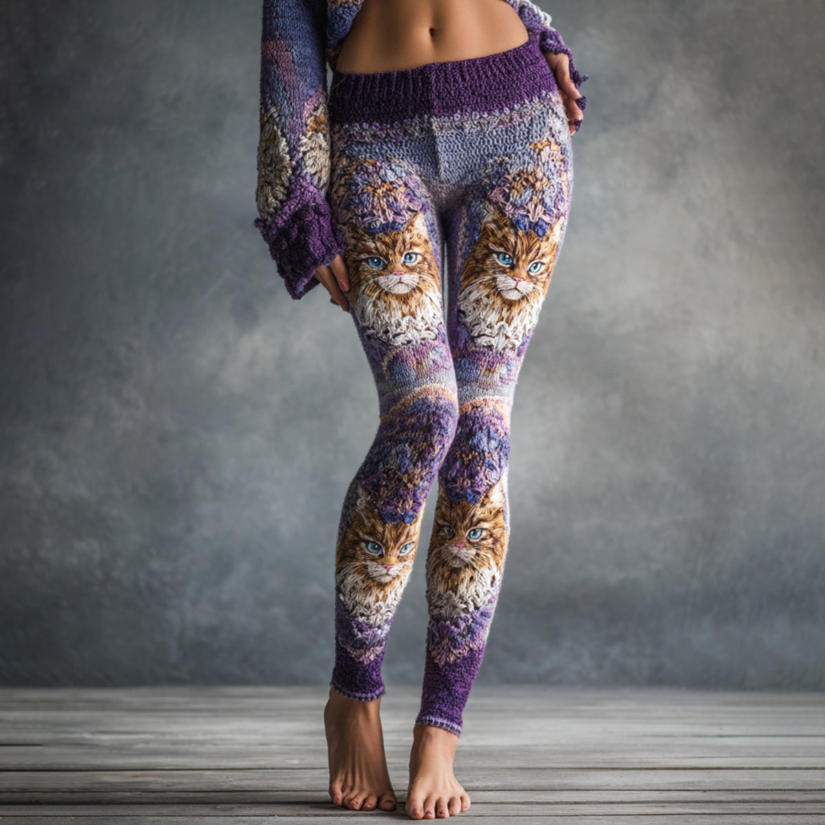 Women's Cute Cat Face Embroidered Art Cozy Knit Leggings