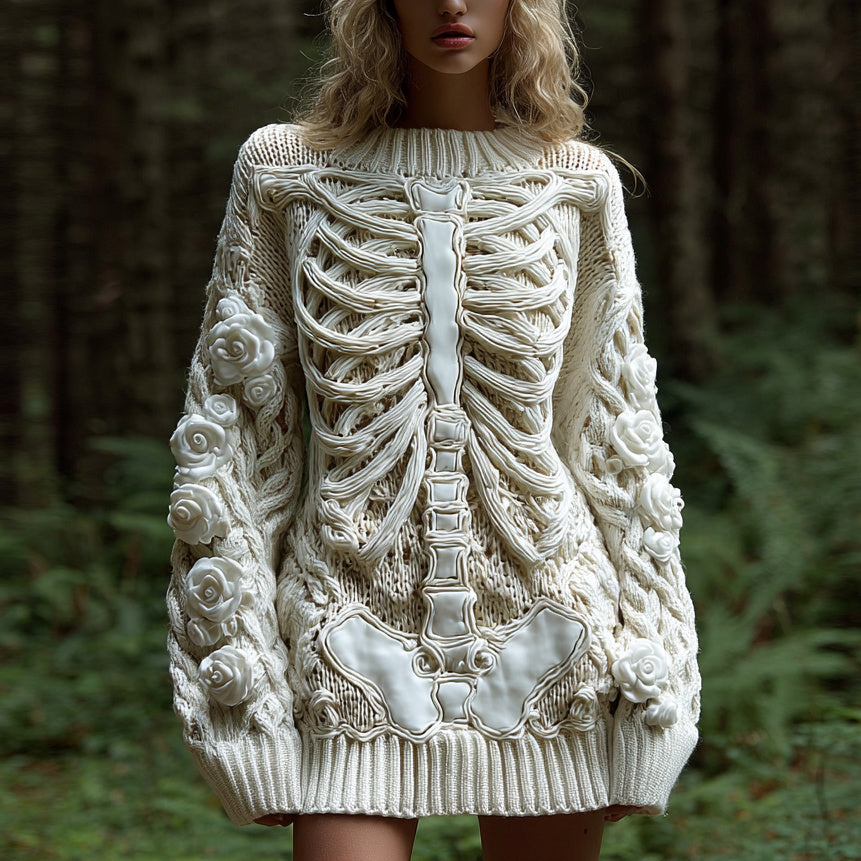 Women's Vintage Halloween Skeleton Bones With White Rose Art Cozy Knit Mini Sweater Dress artswardrobe