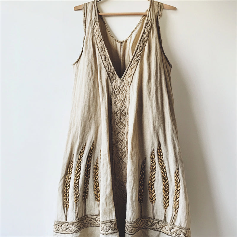 Lammas Wheat Embroidered Celtic Linen Tank Top artswardrobe