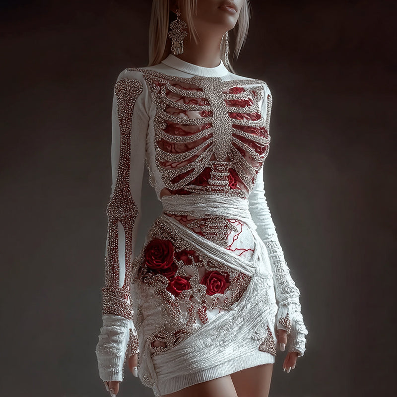 Women's Red Rose Skeleton Art Knit Mini Sweater Dress artswardrobe