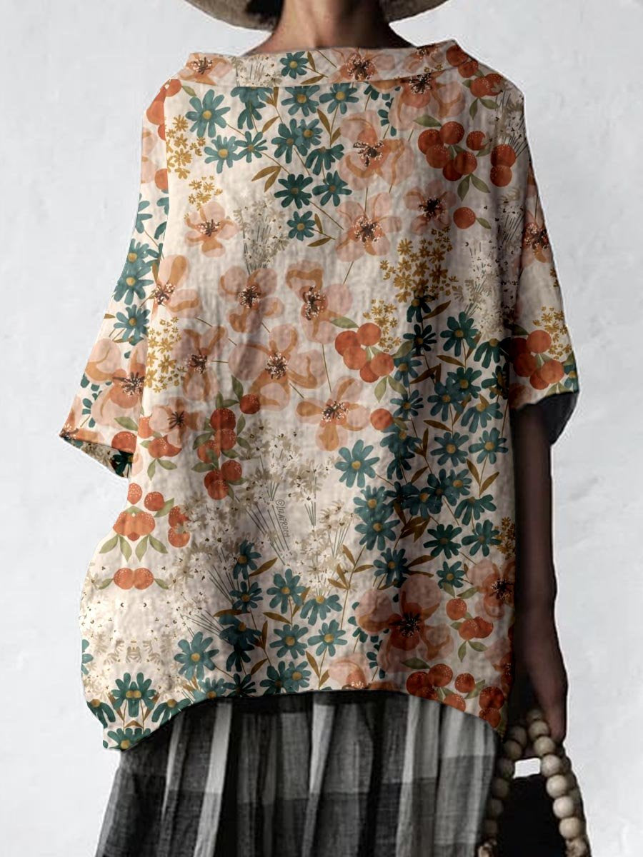 Women's Retro Elegant Floral Cotton and Linen Top