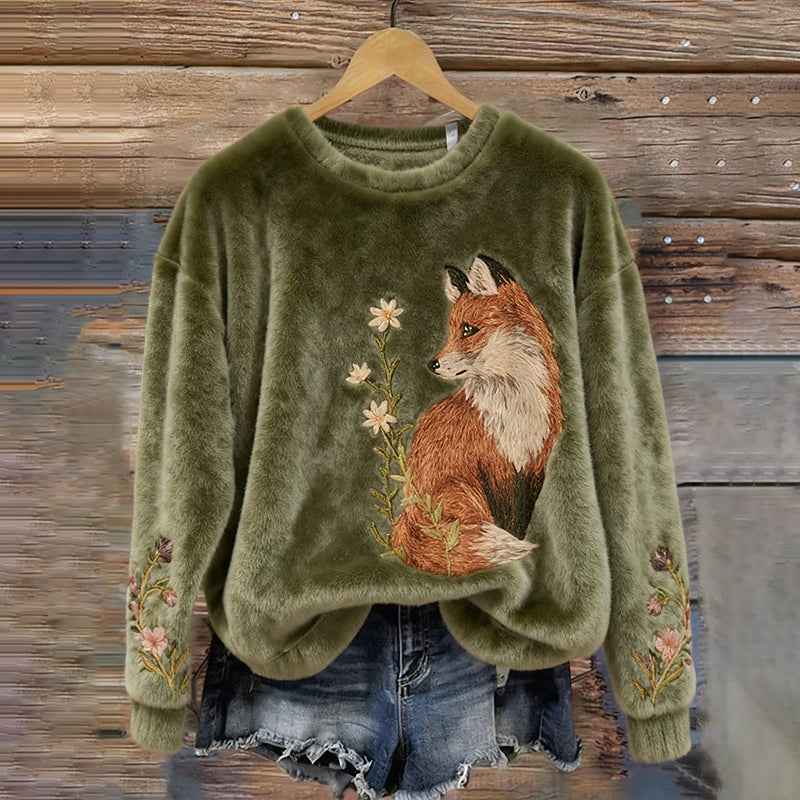 Fox And Floral Pattern Warm Plush Pullover Sweater