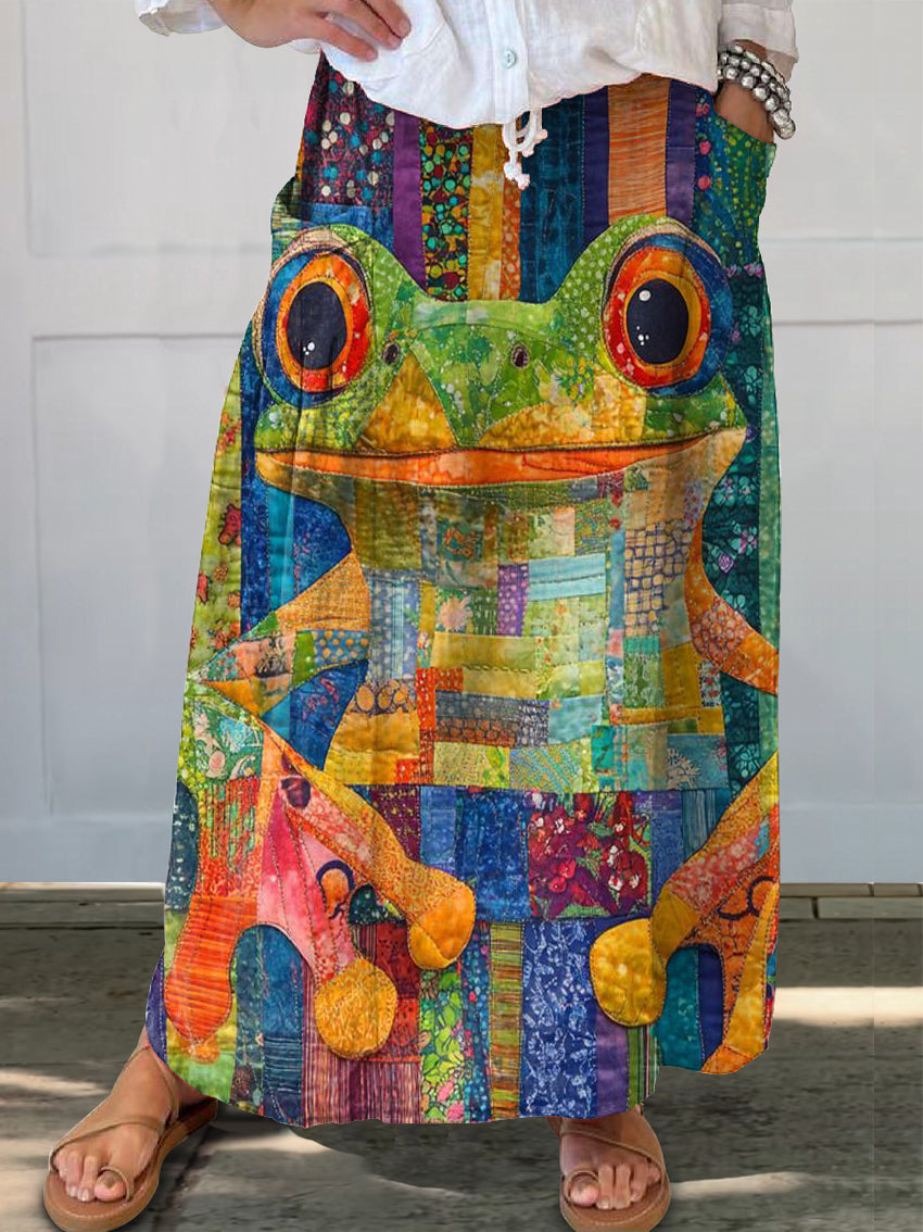 Women's Colorful Trippy Frog Print Linen Pocket Skirt