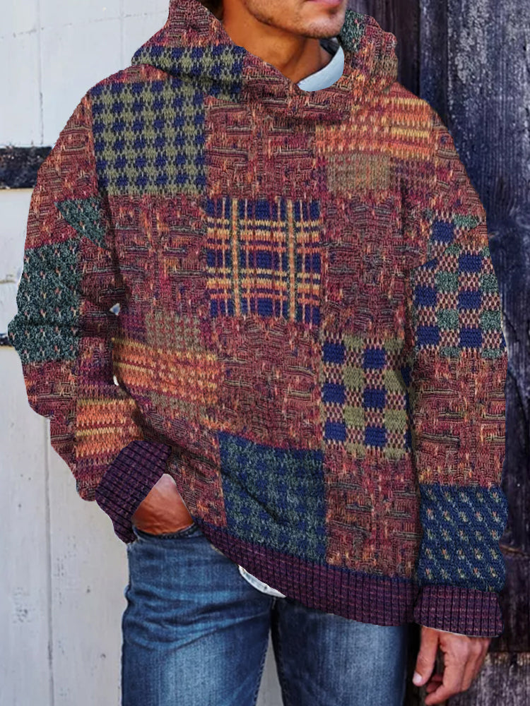 Men's Retro Knit Patchwork Cozy Hooded Sweater elevenforest