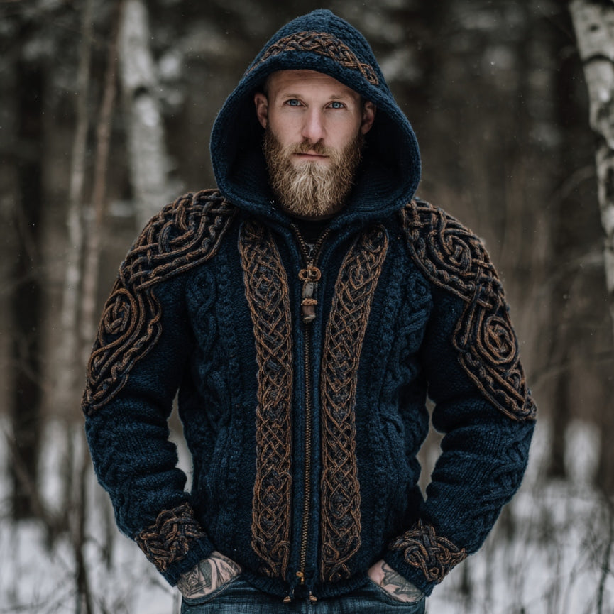 Men's Vintage Celtic Knot Viking Art Chunky Knit Hooded Zip-up Sweater artswardrobe