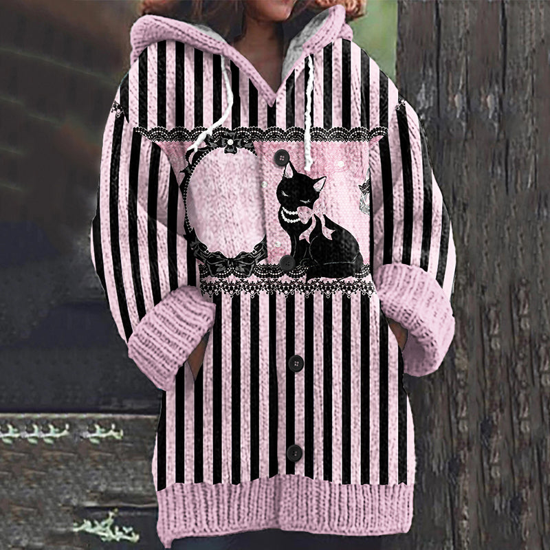 Casual Pink Striped Cat Print Women's Cardigan Sweater elevenforest
