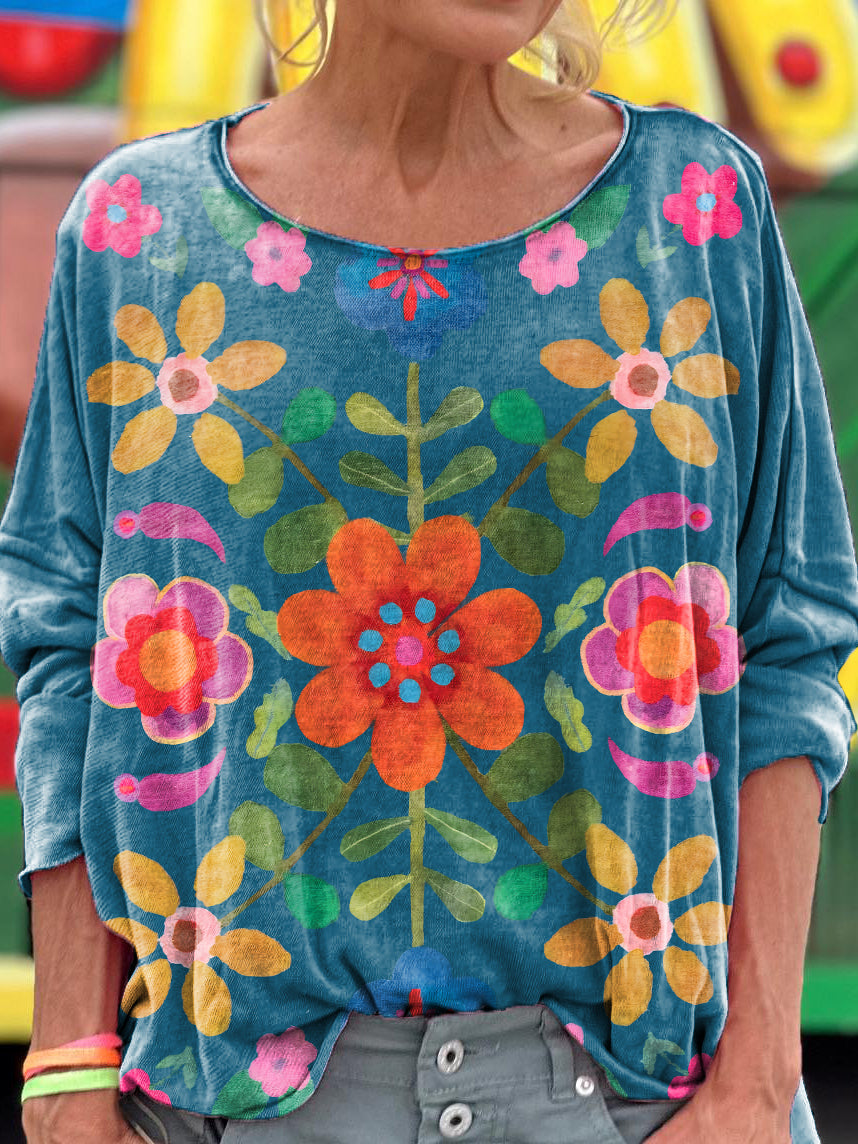 Women's Bohemian Floral Art Print Casual Long Sleeve T-shirt