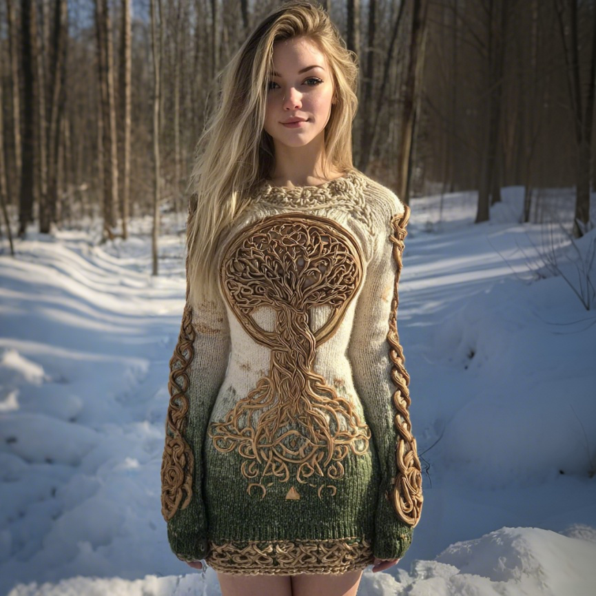 Women's Viking Tree Of Life Celtic Knot Art Knit Mini Sweater Dress artswardrobe